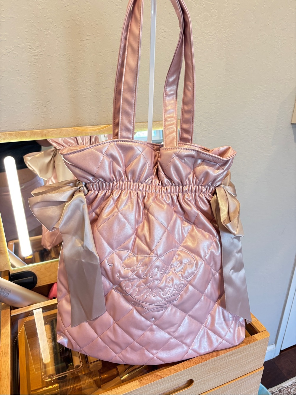 Flower Knows Quilted Faux Leather Tote Bag Pink Bow Coquette